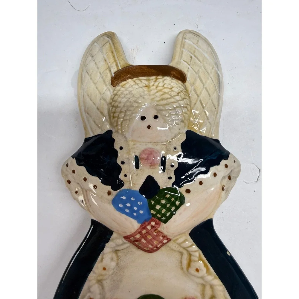 Vintage Hand Painted Ceramic Angel Spoon Rest Folk Art Trinket Dish Black Cream